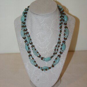 VTG Cookie Lee Aqua and Brown Double Strand Long Bead Necklace B-173